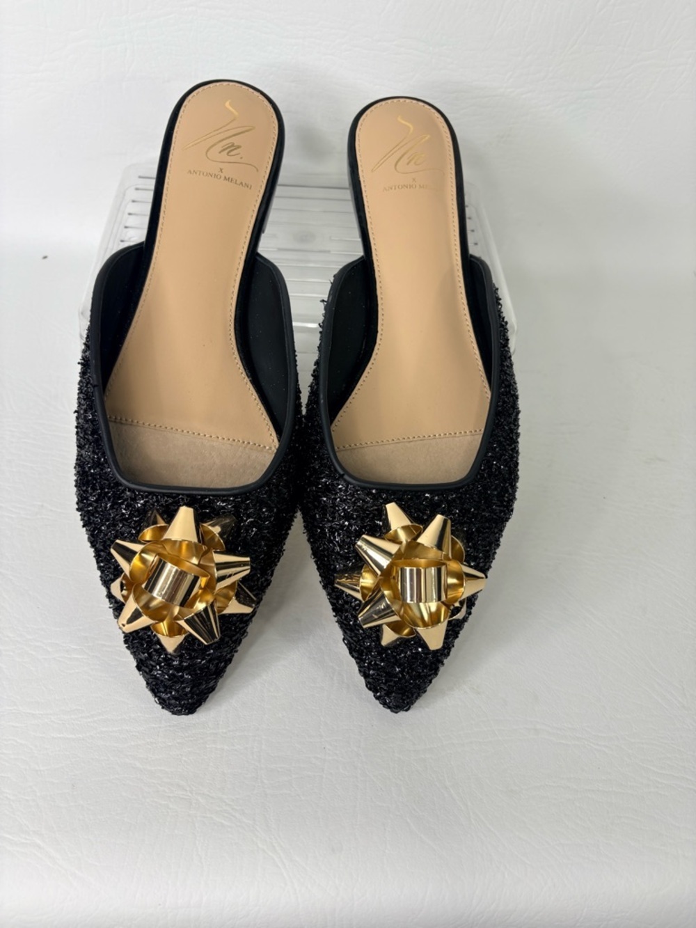 NWT Antonio Melani x The Nat Note Estrella Bow Mules Black Slip On Flats Size 8